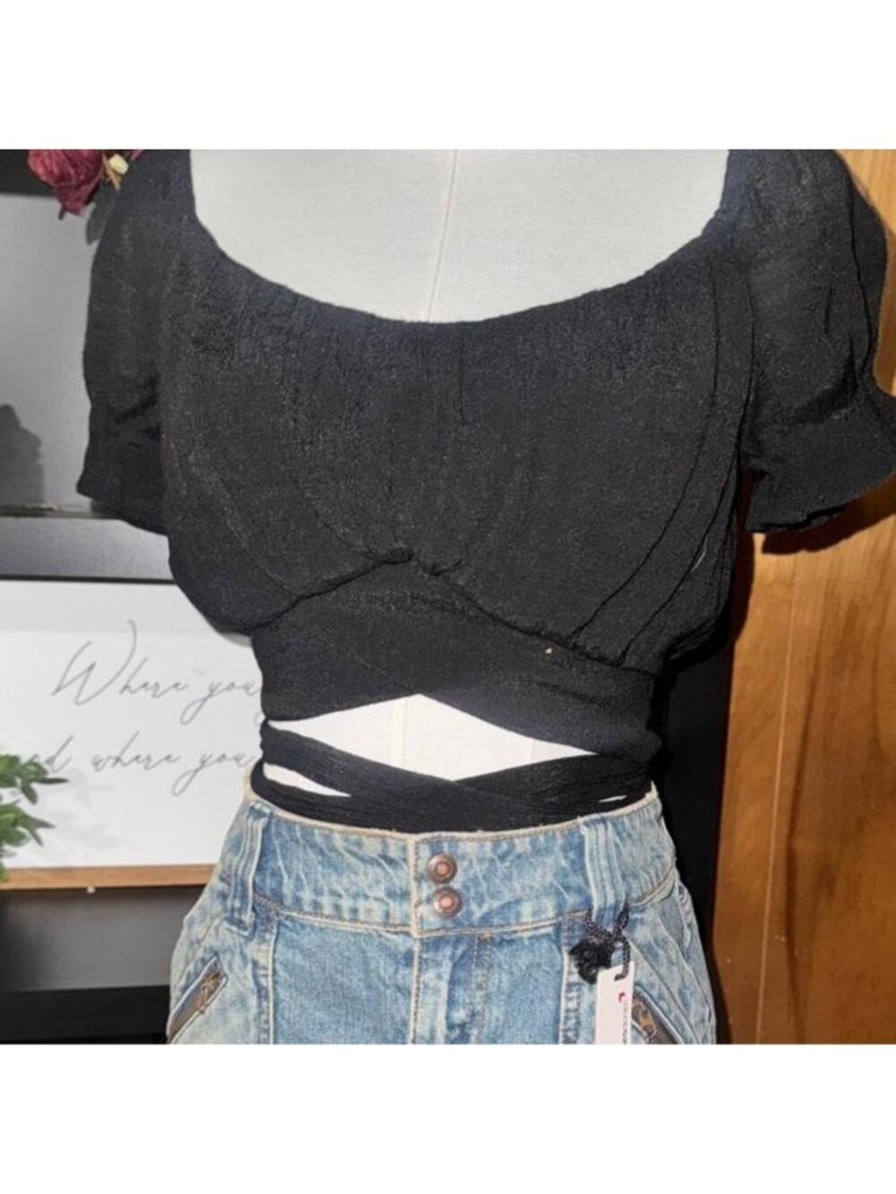 Black crop top with tie back detail